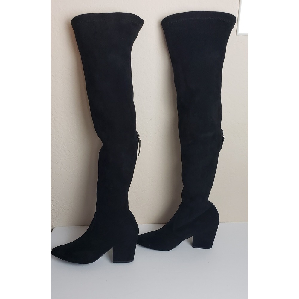 Black Faux Suede Over The Knee Stretch Boots Pointed Toe Block Heel 41 Goth Fall